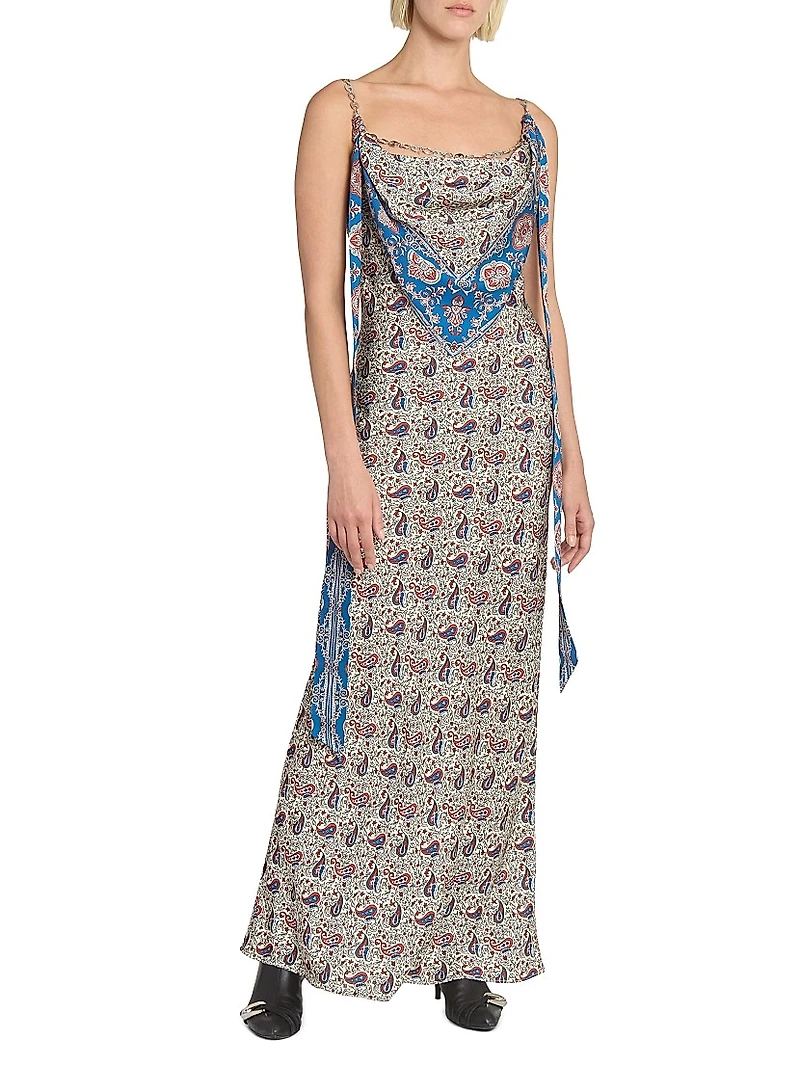 Paisley Satin Slim-Fit Maxi Dress