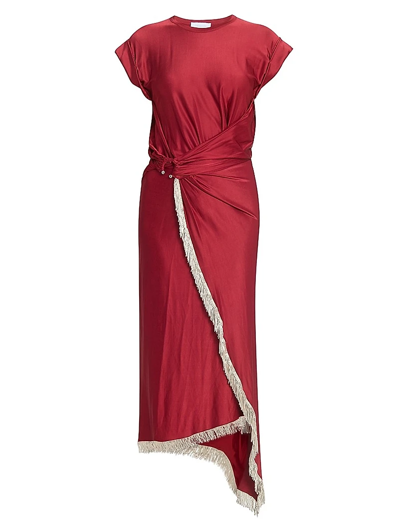Fringe-Trimmed Faux-Wrap Maxi Dress