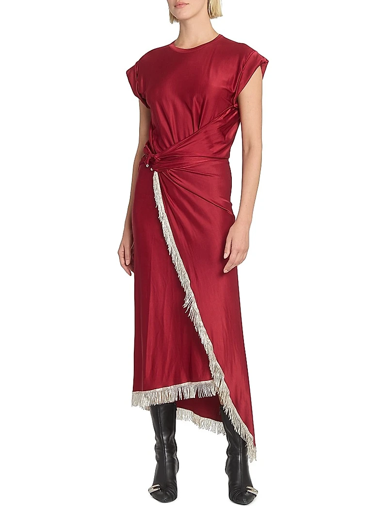 Fringe-Trimmed Faux-Wrap Maxi Dress