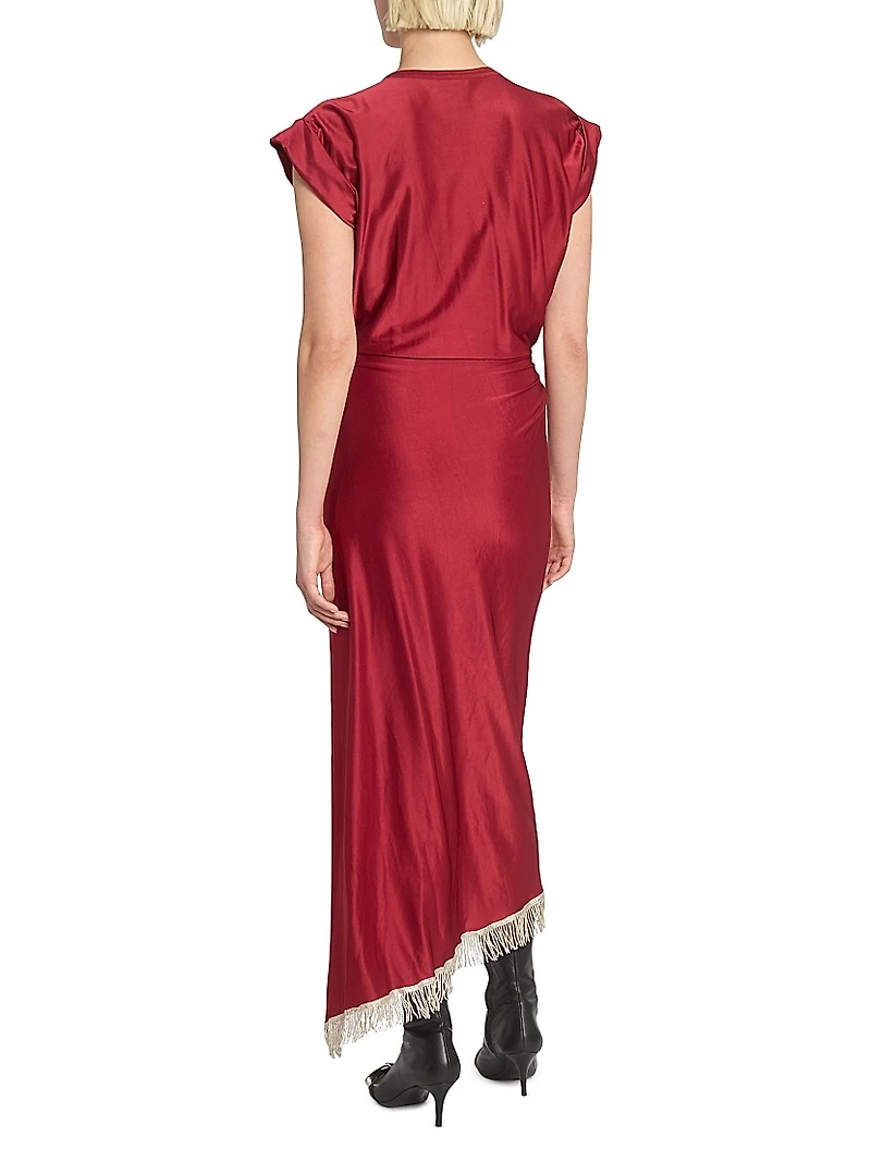 Fringe-Trimmed Faux-Wrap Maxi Dress