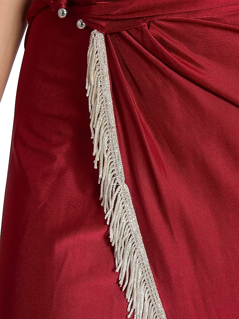 Fringe-Trimmed Faux-Wrap Maxi Dress