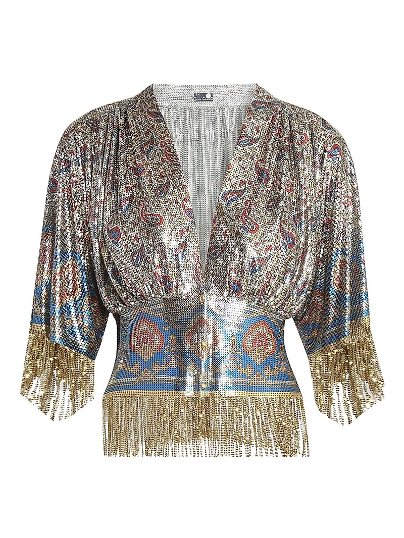 Paisley Embellished Mesh Slim-Fit Top