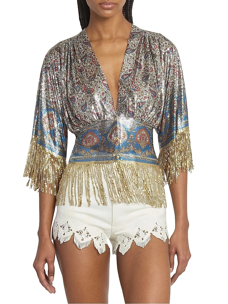 Paisley Embellished Mesh Slim-Fit Top