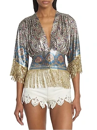 Paisley Embellished Mesh Slim-Fit Top