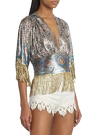 Paisley Embellished Mesh Slim-Fit Top