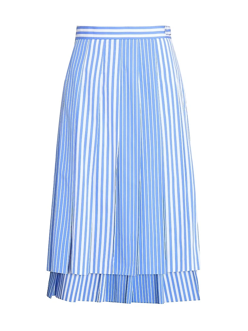 Striped Pleated Cotton Midi-Skirt