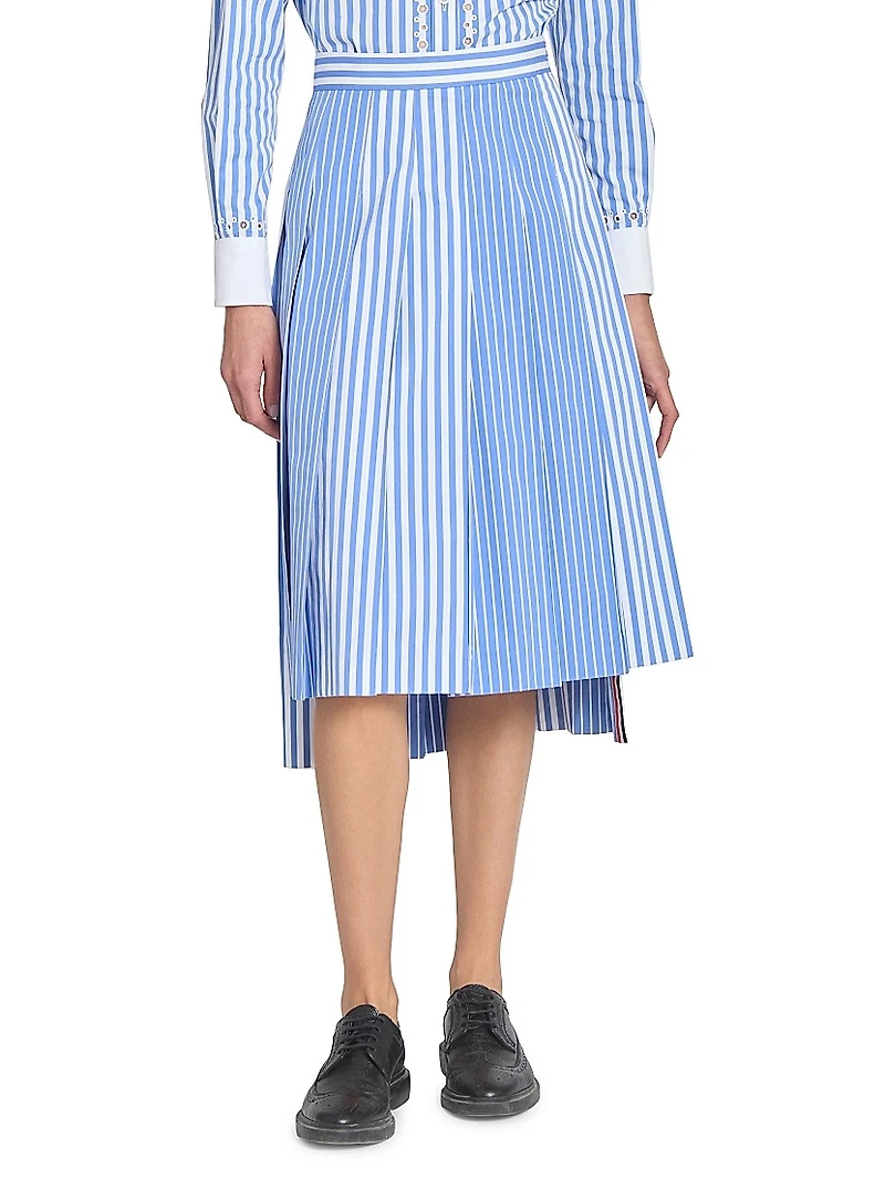 Striped Pleated Cotton Midi-Skirt