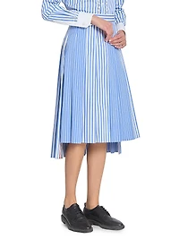 Striped Pleated Cotton Midi-Skirt