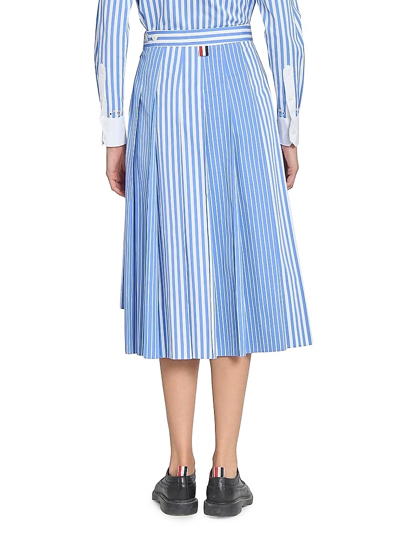 Striped Pleated Cotton Midi-Skirt