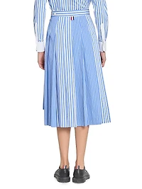 Striped Pleated Cotton Midi-Skirt