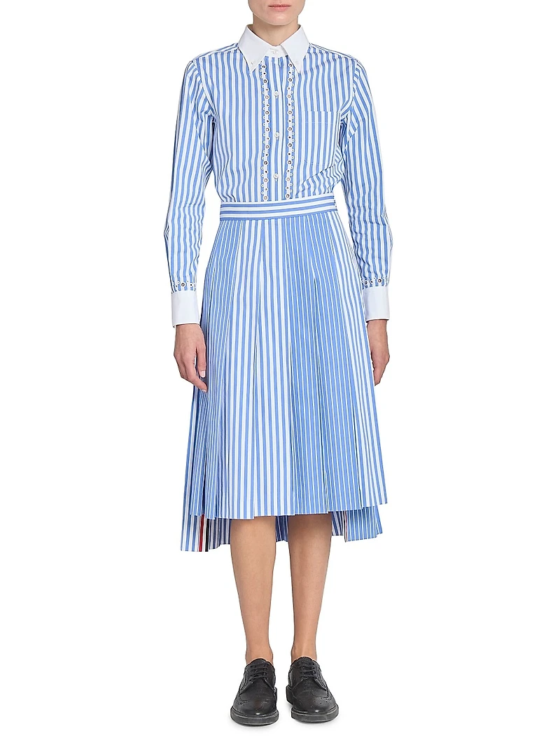 Striped Pleated Cotton Midi-Skirt