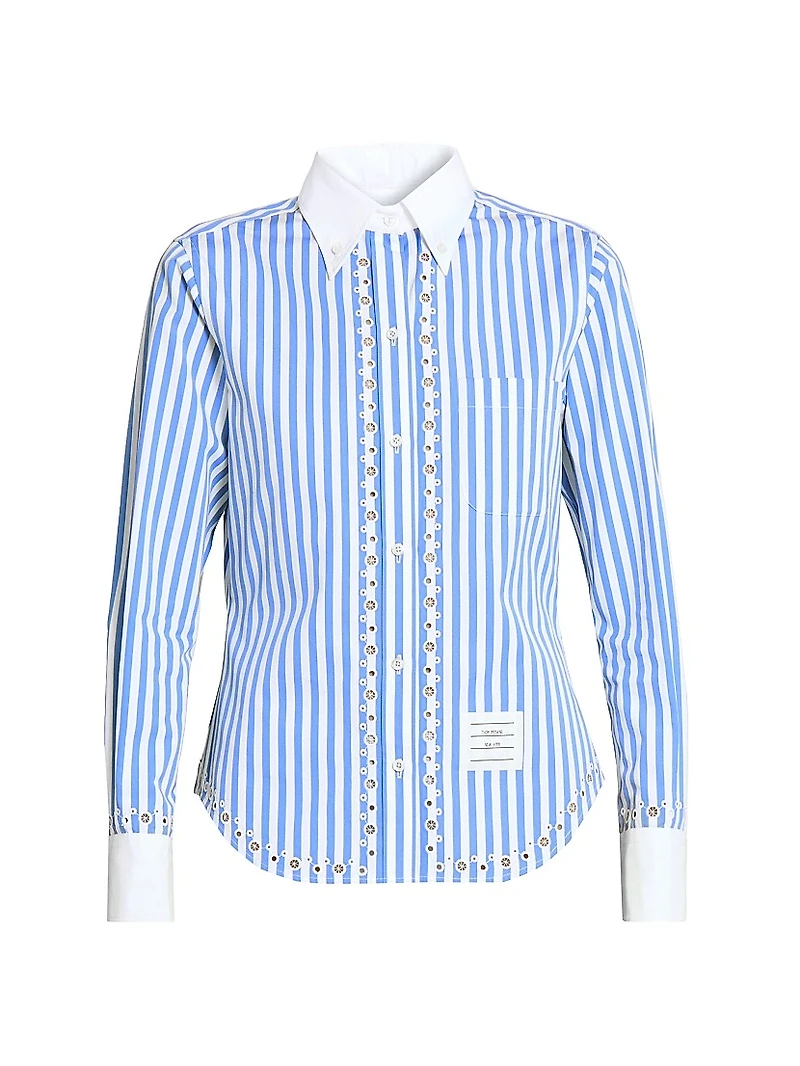 Striped Eyelet Cotton Button-Down Shirt