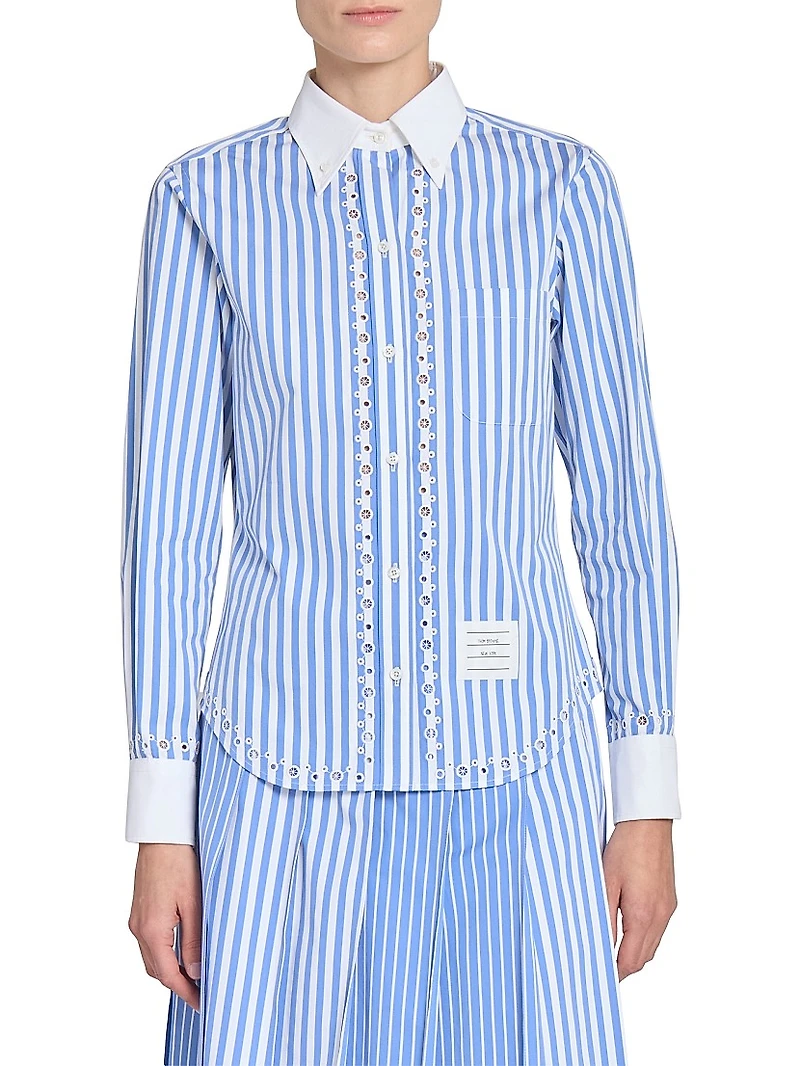 Striped Eyelet Cotton Button-Down Shirt