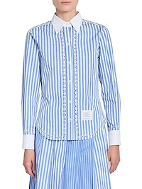 Striped Eyelet Cotton Button-Down Shirt