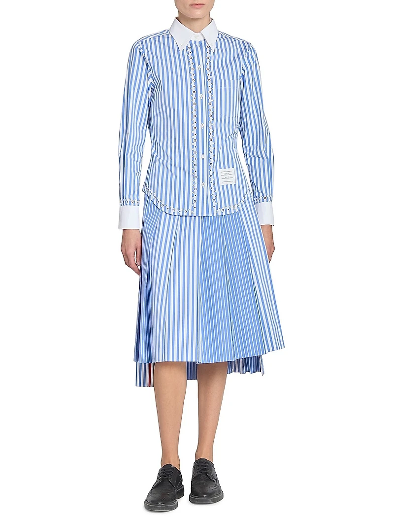 Striped Eyelet Cotton Button-Down Shirt