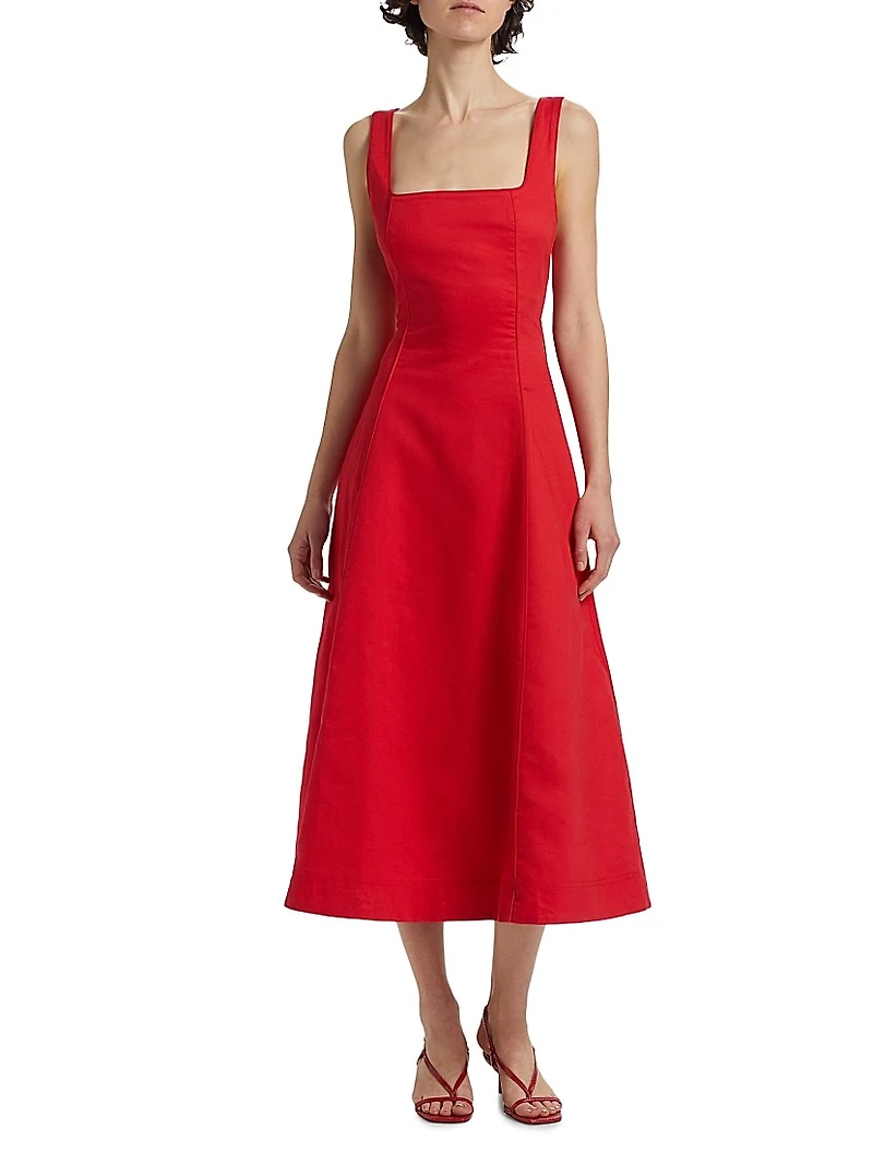 Elise Linen-Cotton Square-Neck Midi-Dress