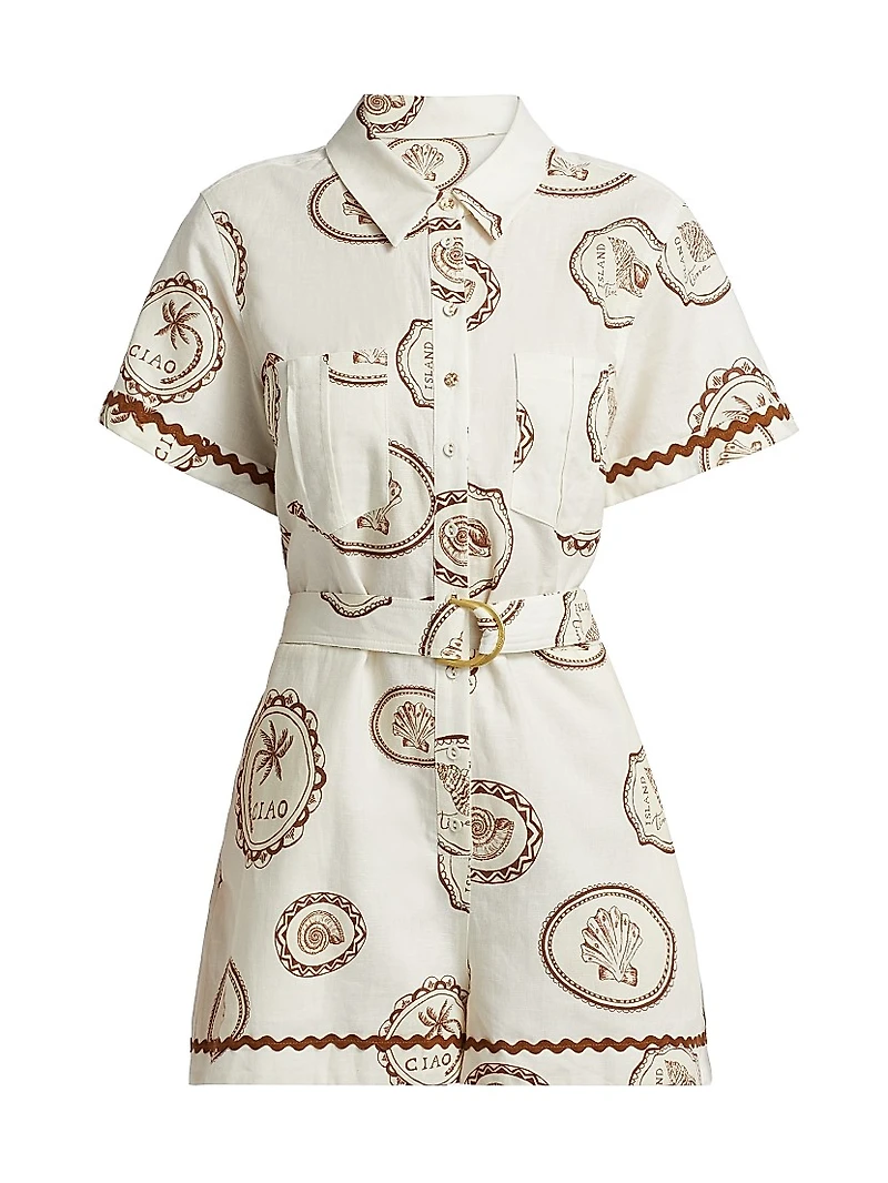 Ciao Printed Linen-Cotton Belted Romper