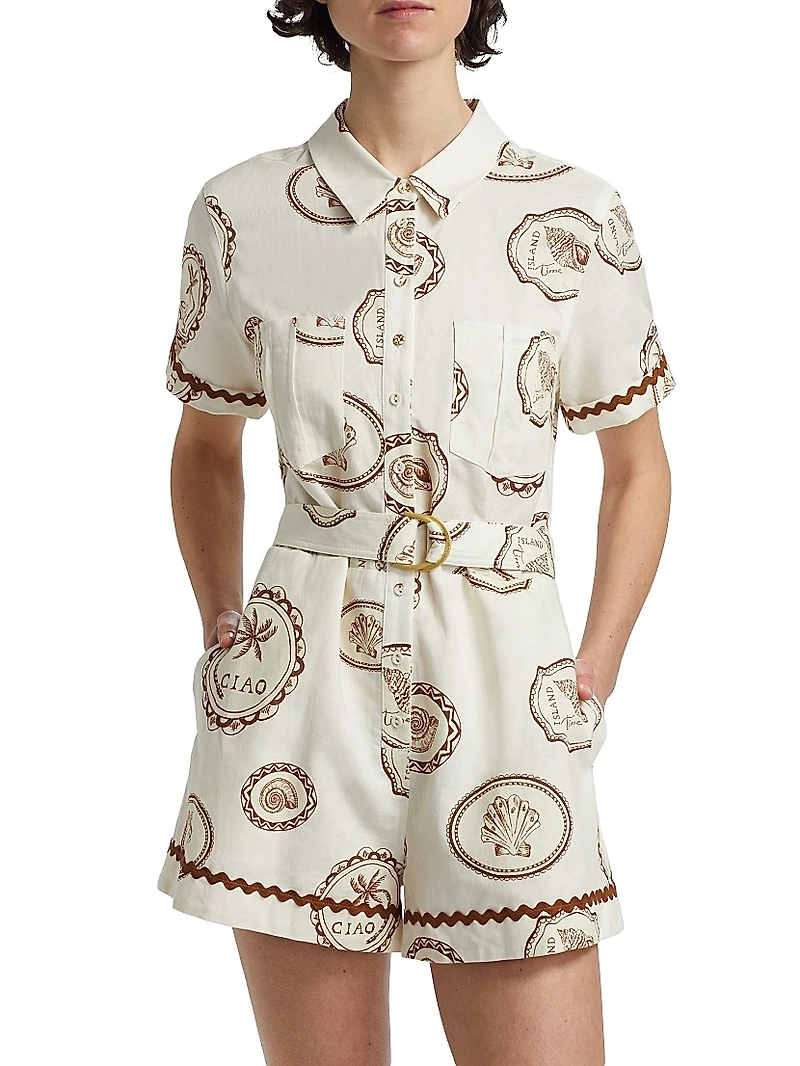 Ciao Printed Linen-Cotton Belted Romper
