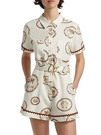 Ciao Printed Linen-Cotton Belted Romper