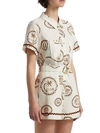 Ciao Printed Linen-Cotton Belted Romper