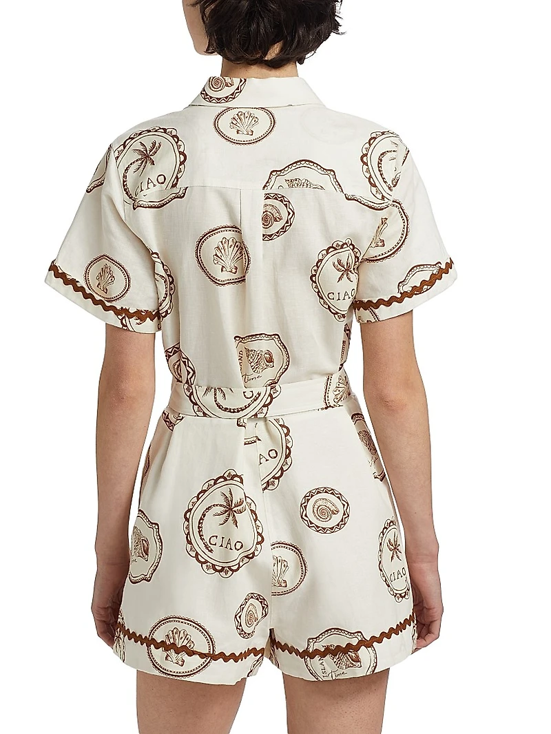 Ciao Printed Linen-Cotton Belted Romper