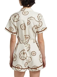 Ciao Printed Linen-Cotton Belted Romper