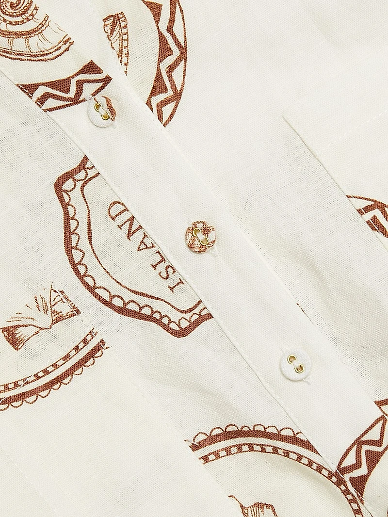 Ciao Printed Linen-Cotton Belted Romper