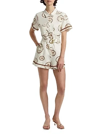 Ciao Printed Linen-Cotton Belted Romper