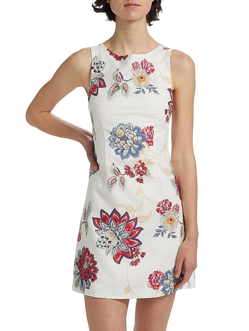 Provence Floral Linen-Cotton Boatneck Minidress