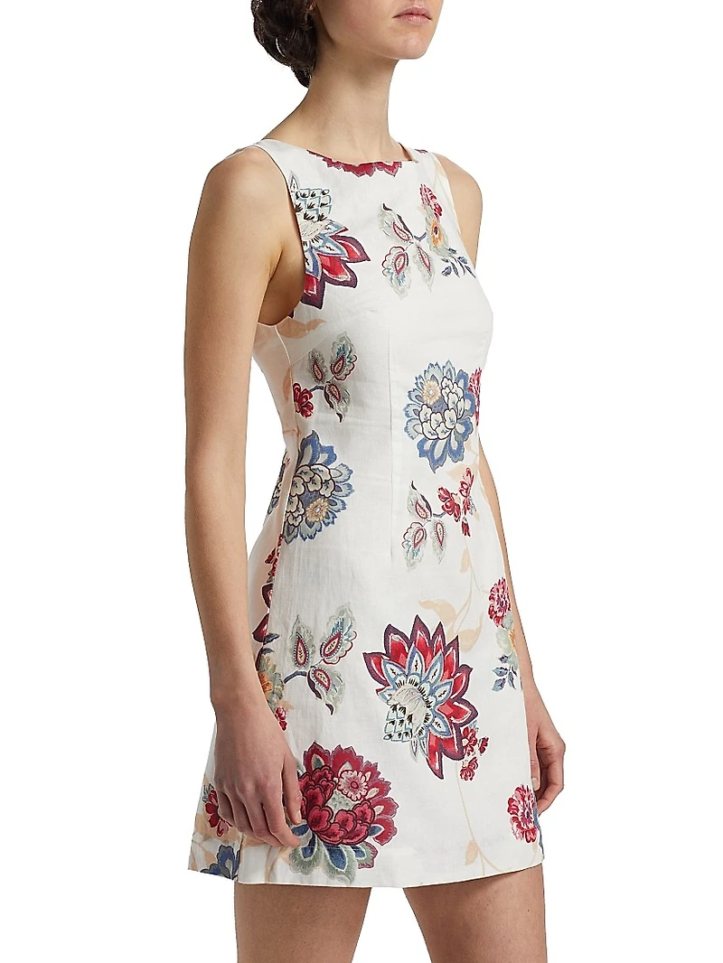 Provence Floral Linen-Cotton Boatneck Minidress