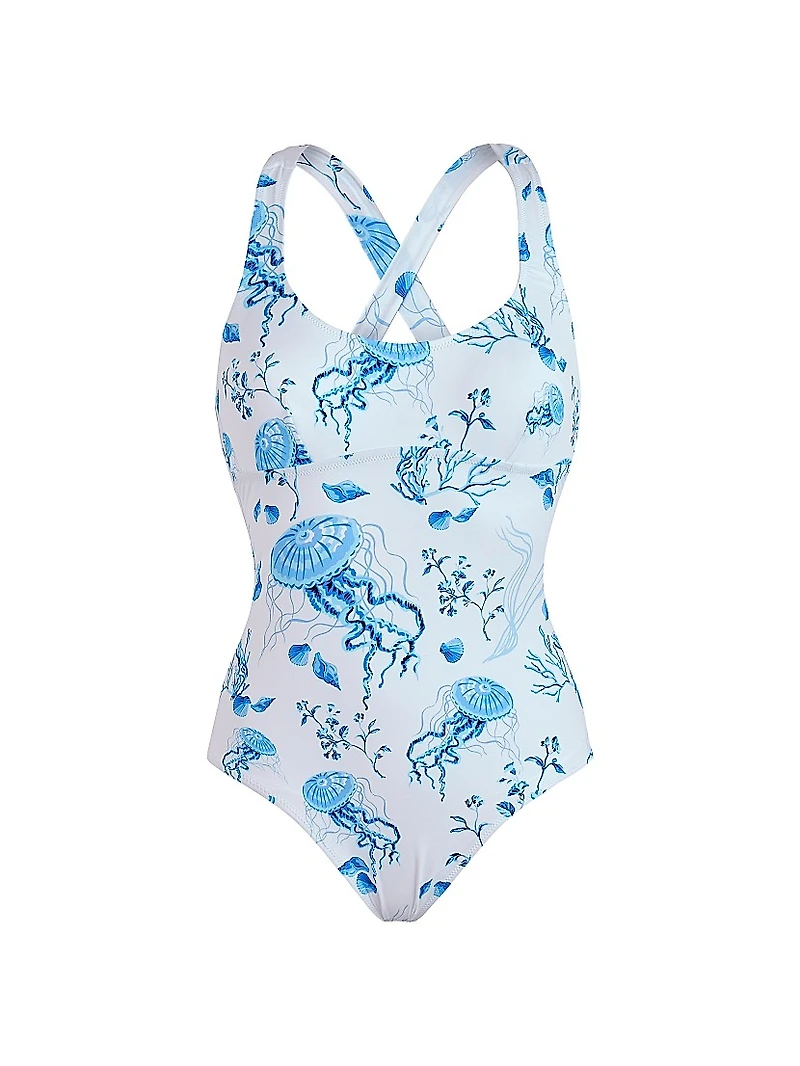 Seashell Print Crossed Back One-Piece Swimsuit