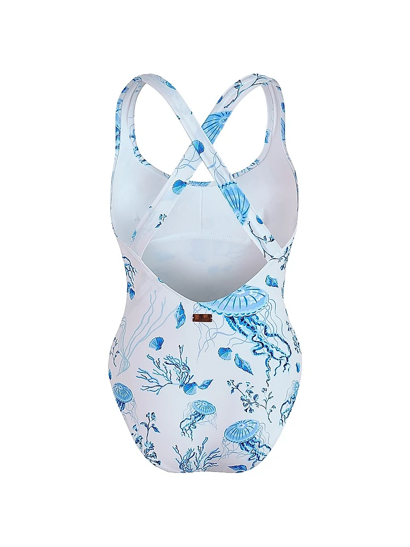 Seashell Print Crossed Back One-Piece Swimsuit