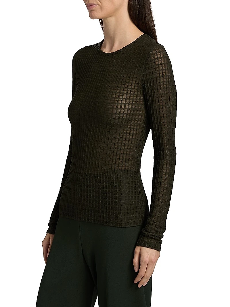 Shadow Grid Long-Sleeve Crewneck Top