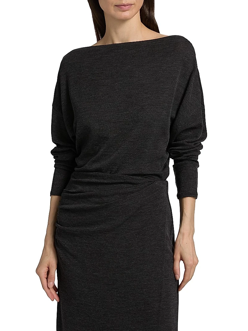 Ruched Wool-Blend Long-Sleeve Top