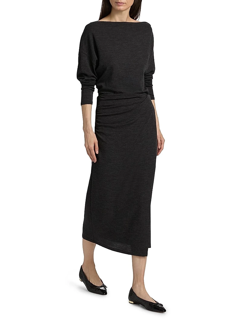 Draped Wool-Blend Midi-Skirt