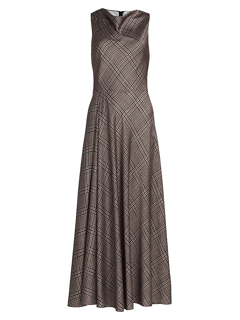 Plaid Fit & Flare Cowlneck Maxi Dress
