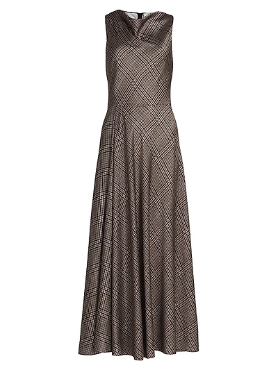 Plaid Fit & Flare Cowlneck Maxi Dress