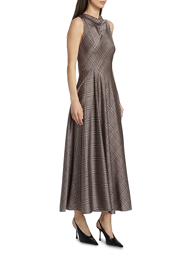 Plaid Fit & Flare Cowlneck Maxi Dress