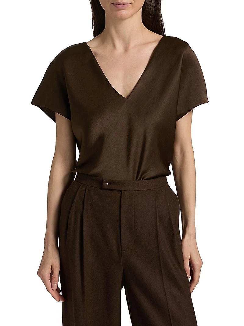 Cap-Sleeve Satin V-Neck Blouse