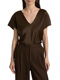 Cap-Sleeve Satin V-Neck Blouse