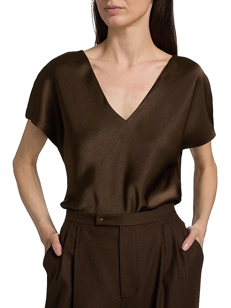 Cap-Sleeve Satin V-Neck Blouse