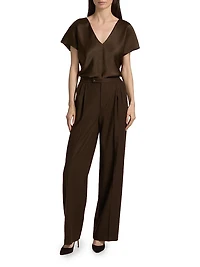 Cap-Sleeve Satin V-Neck Blouse