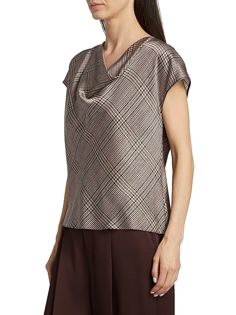 Plaid Silk Cowlneck Blouse