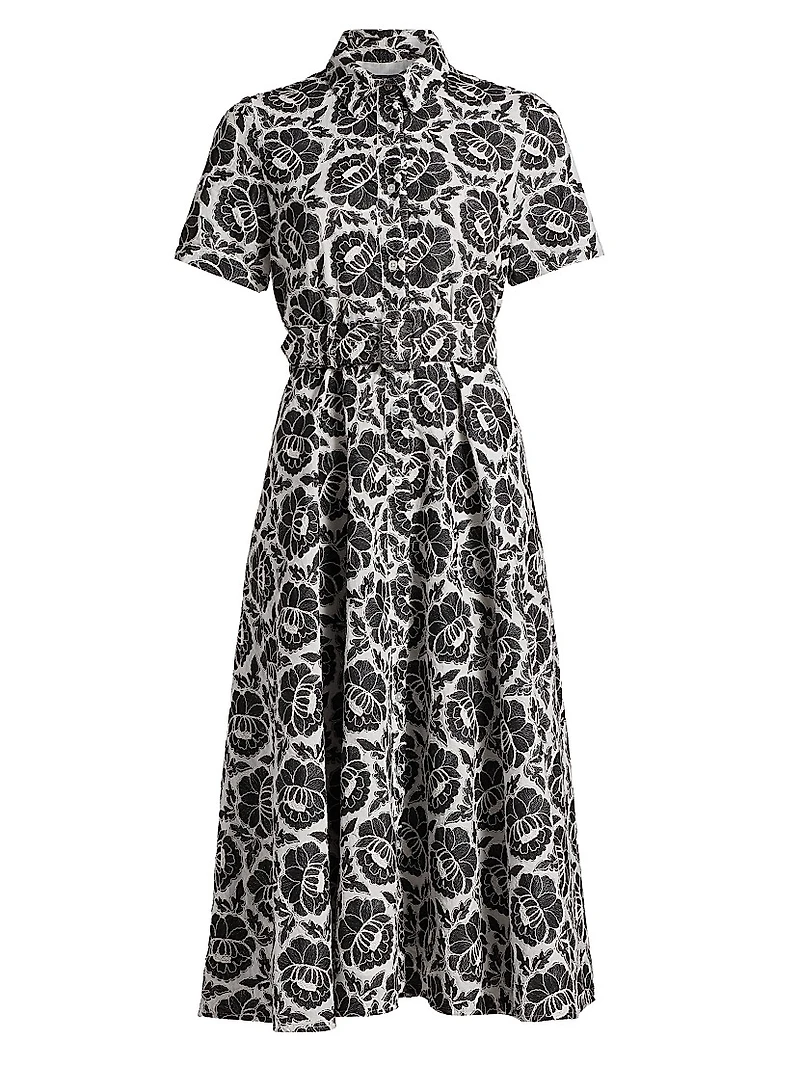 Jean Floral-Embroidered Cotton Belted Midi-Shirtdress