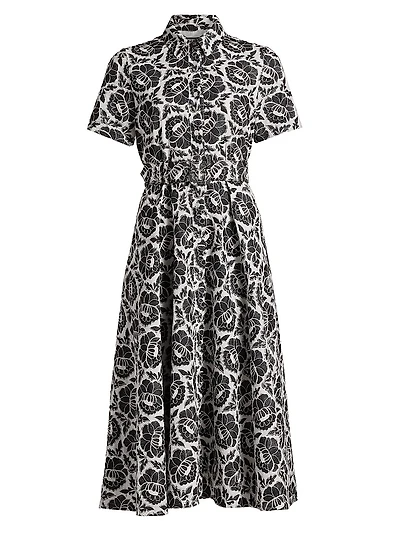 Jean Floral-Embroidered Cotton Belted Midi-Shirtdress