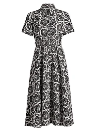 Jean Floral-Embroidered Cotton Belted Midi-Shirtdress