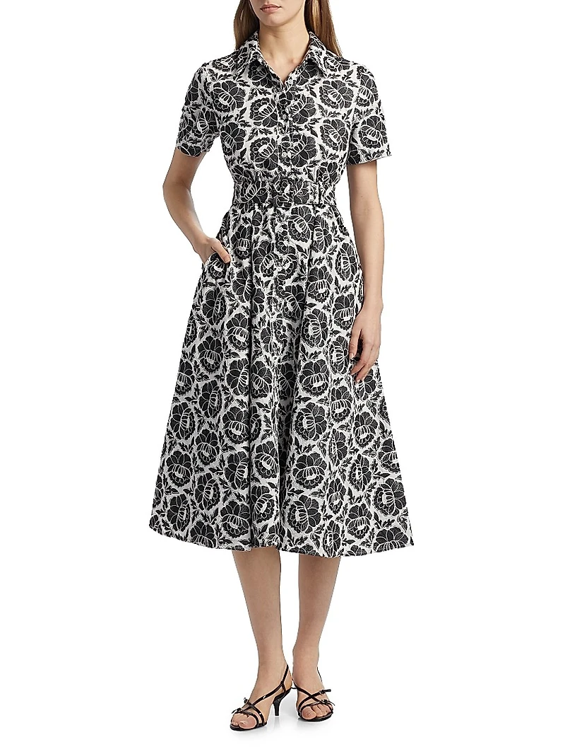Jean Floral-Embroidered Cotton Belted Midi-Shirtdress