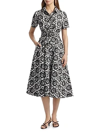 Jean Floral-Embroidered Cotton Belted Midi-Shirtdress