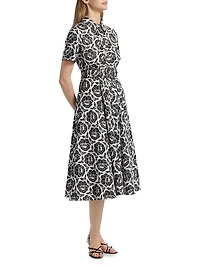 Jean Floral-Embroidered Cotton Belted Midi-Shirtdress