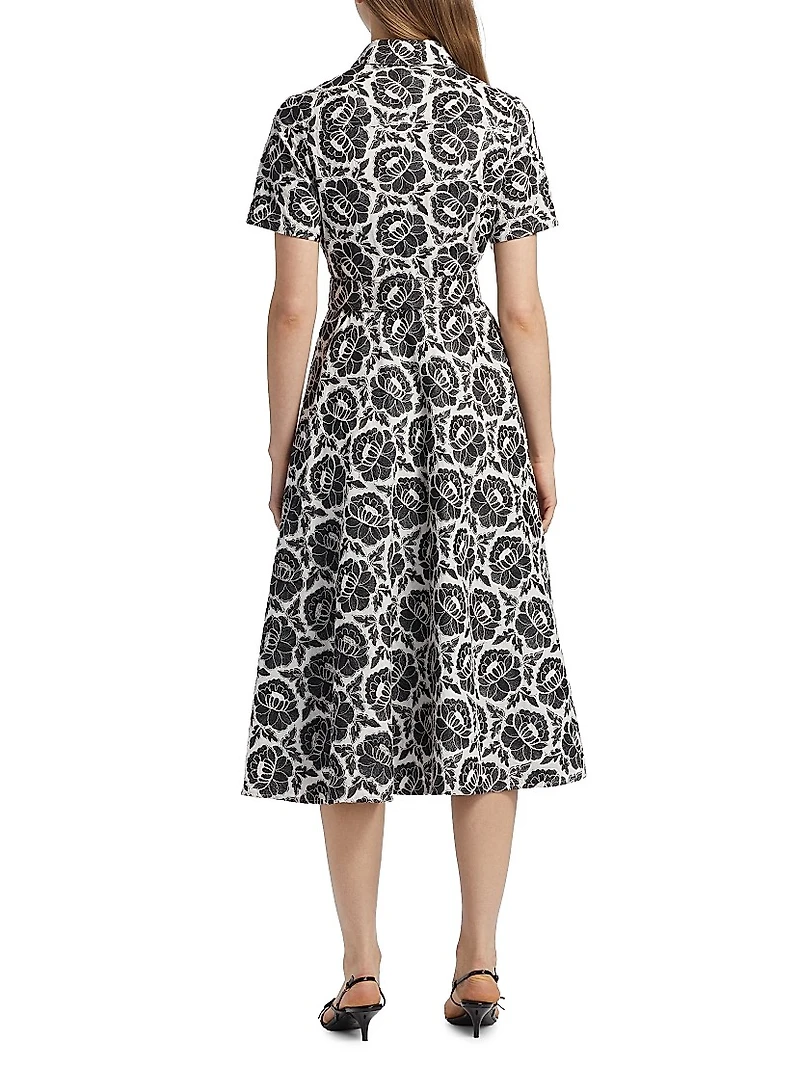 Jean Floral-Embroidered Cotton Belted Midi-Shirtdress